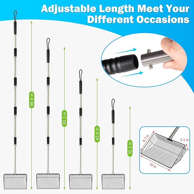 10inch Large Metal Chicken Poop Scooper,32 to 67" Adjustable Long Chicken Coop Litter Scoop,Heavy Duty Sifting Shovel for Chicken Coop & Pet Waste Cleaning-PawvioPets