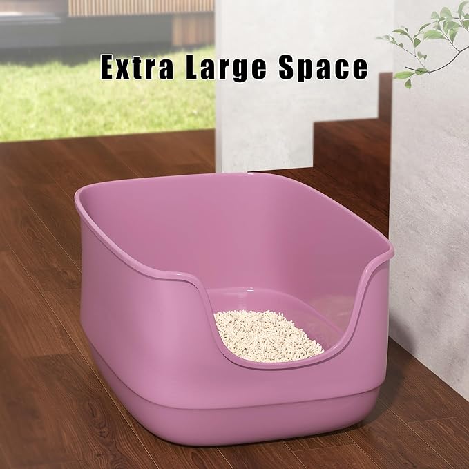 Gefryco Large Cat Litter Box with High Sided 24.6"x18.3"x12.2" - Jumbo Extra Large Open Anti - Splashing High Wall for Multiple Cats (Pink)-PawvioPets