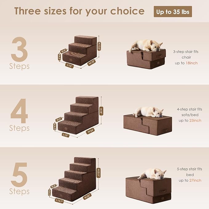 EHEYCIGA Dog Stairs for Small Dogs 13.5" H, 3-Step Dog Steps for Couch Sofa and Chair, Pet Steps for Medium Cats, Non-Slip Balanced Pet Ramp Indoor, Brown-PawvioPets