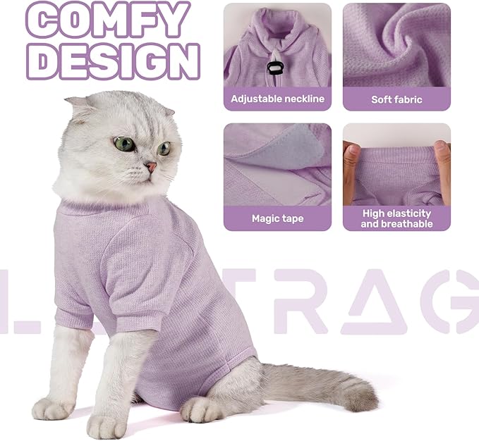 Breathable Cat Recovery Suit for Female/Male, Anti-Licking Kitten Onesie - Cat Surgery Pajamas with Sleeve After Spay, Prevent Shedding, Abdominal Wounds, Skin Diseases or E-Collar Alternative-PawvioPets