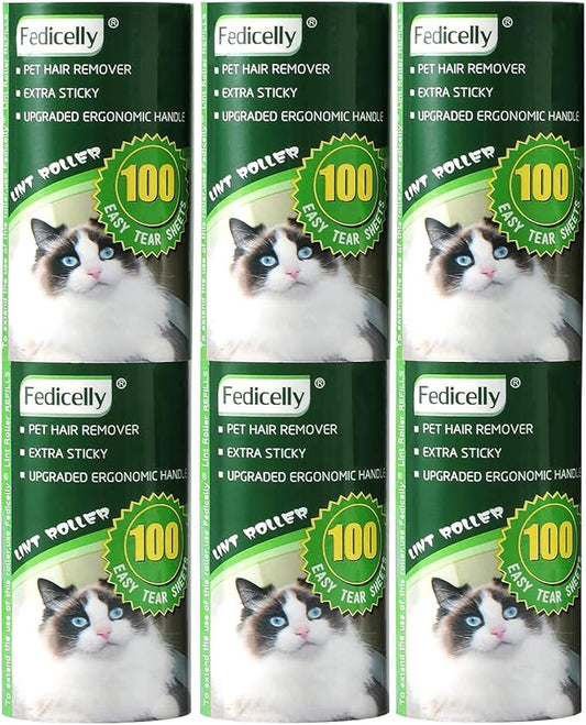 Fedicelly Lint Rollers Pet Hair Extra Sticky Refills,Mega Value Set 600 Sheets for Cat and Dog Hair Removal,100 Sheets Per Roller (Pack of 6)-PawvioPets