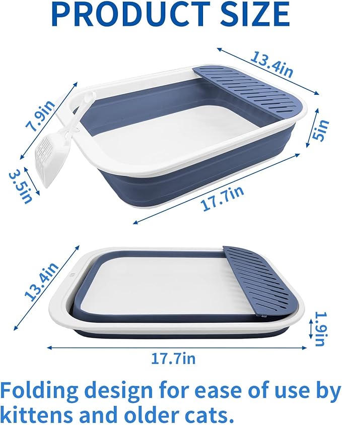 BNOSDM Collapsible Small Cat Litter Box for Kittens Open Potty Pan Foldable Cat Toilet with Scoop Senior Kitty Travel Shallow Litters Boxes Anti-Splash Waterproof Blue 17.7"×13.4"-PawvioPets