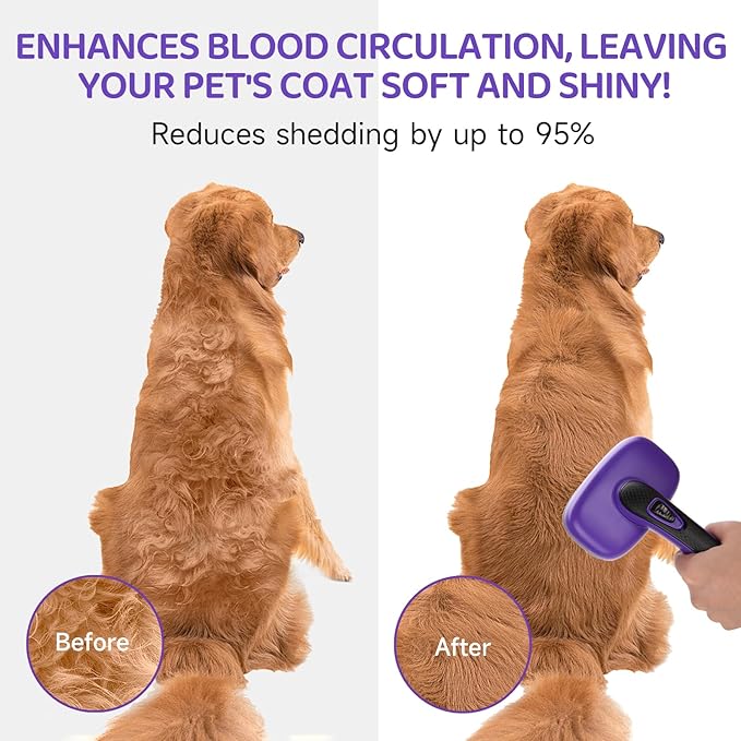 Dog Brush Kit – 3 PCS Grooming Set with Self-Cleaning Brush, Undercoat Rake & Pet Bath Brush. Great for Shedding, Tangles & Dirt Removal – Ideal for Long & Short Haired Dogs & Cats, Purple-PawvioPets