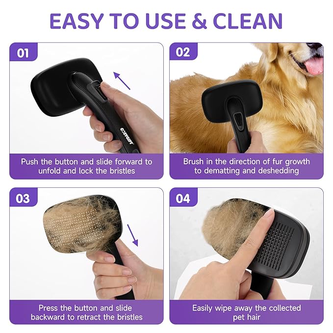 Dog Brush Kit – 3 PCS Grooming Set with Self-Cleaning Brush, Undercoat Rake & Pet Bath Brush. Great for Shedding, Tangles & Dirt Removal – Ideal for Long & Short Haired Dogs & Cats, Black-PawvioPets