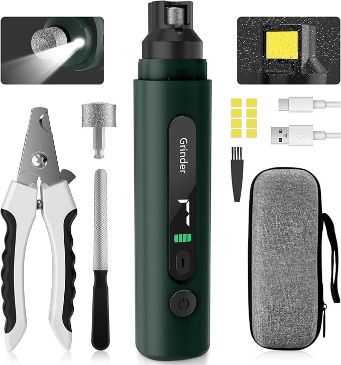 Dog Nail Grinder, 7-Speed Quiet Electric Dog Nail Trimmers, Dog Nail Clippers with Sponge Dust Collection & File for Small Medium Large Dogs, Rechargeable Pet Paw Grooming Supplies Ki(Green)-PawvioPets