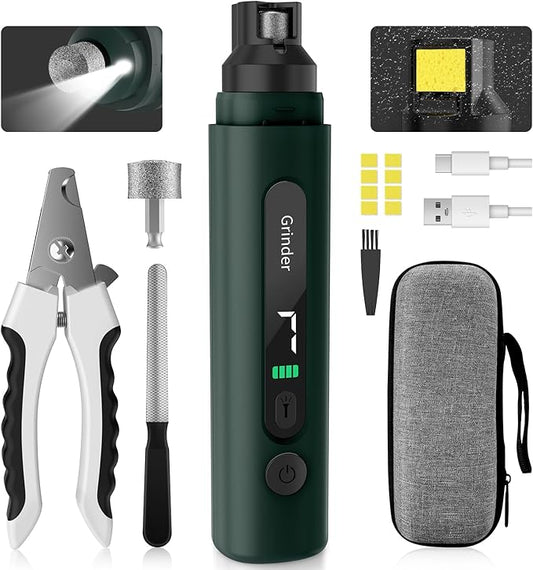 Dog Nail Grinder, 7-Speed Quiet Electric Dog Nail Trimmers, Dog Nail Clippers with Sponge Dust Collection & File for Small Medium Large Dogs, Rechargeable Pet Paw Grooming Supplies Ki(Green)-PawvioPets