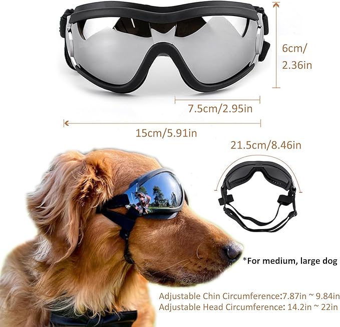Dog Sunglasses for Large and Medium Breed, Dog Goggles for Large Dogs, Sun Protection, Windproof, Waterproof, Dustproof and Anti-Fog with Adjustable Strap for Driving, Motorcycle, Black-PawvioPets