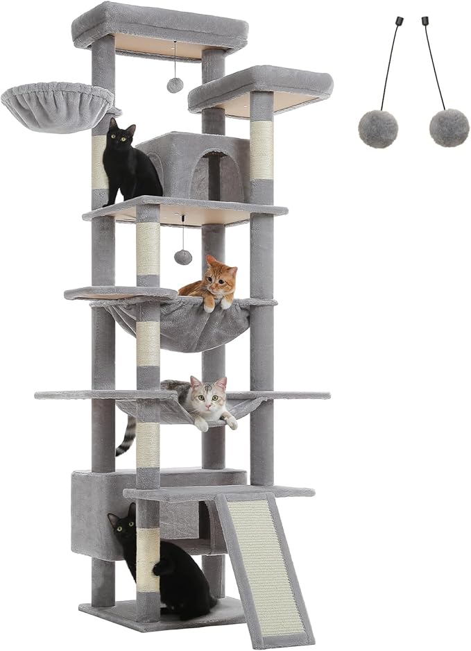 81" Heavy Duty Cat Tree for Large Cats up to 20lbs - Extra Tall Cat Tower with Metal Frame Hammock, 6 Sisal Scratching Posts, 2 Perches - Indoor Cat Furniture for Maine Coon, Big Cats, Gray-PawvioPets