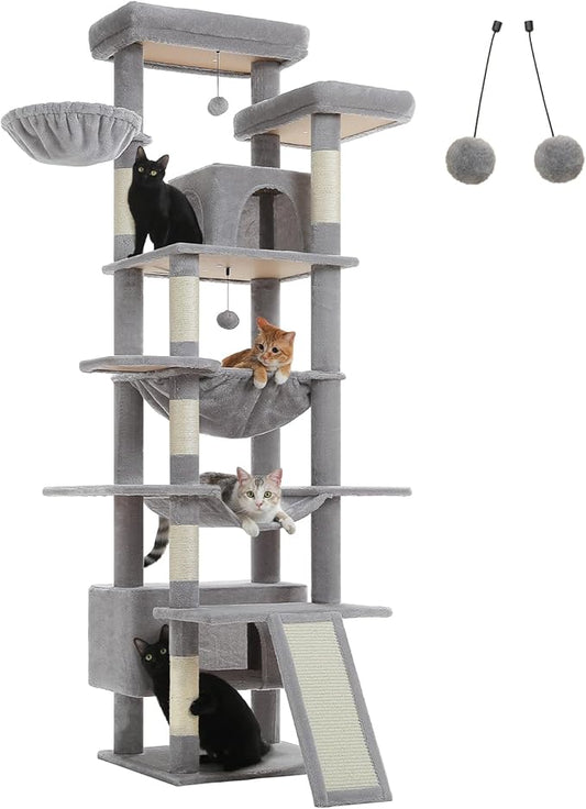81" Heavy Duty Cat Tree for Large Cats up to 20lbs - Extra Tall Cat Tower with Metal Frame Hammock, 6 Sisal Scratching Posts, 2 Perches - Indoor Cat Furniture for Maine Coon, Big Cats, Gray-PawvioPets