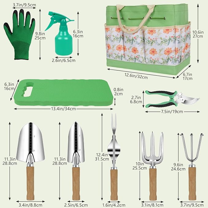Gardening Tools 10-Piece Heavy Duty Stainless Steel Hand Tools with Durable Garden Tools Storage Tote,Rust-Proof Garden Tool Set, Ideal Gardening Gifts for Women Yellow Floral Pattern Design-PawvioPets