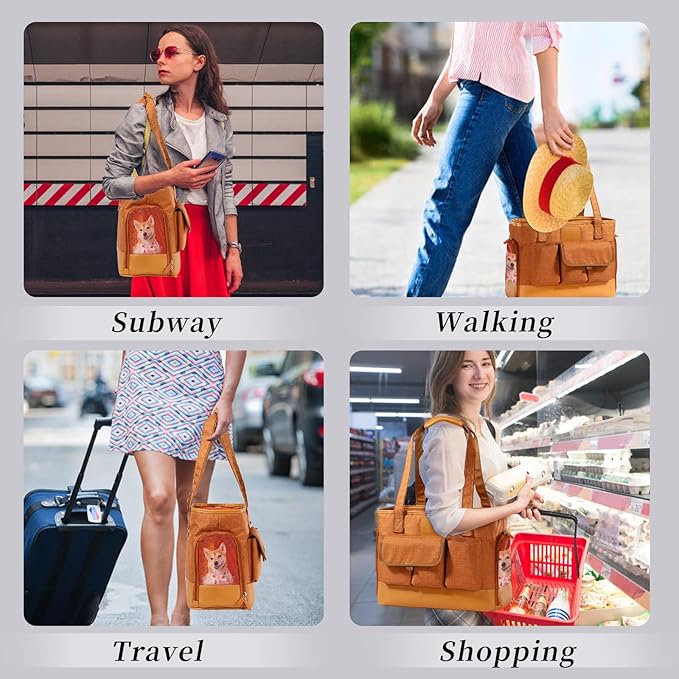 Cat Carrier, Dog Carrier, Pet Carrier, Foldable Waterproof Premium PU Leather Oxford Cloth Dog Purse, Portable Bag Carrier for Small to Medium Cat and Small Dog-Brown-PawvioPets
