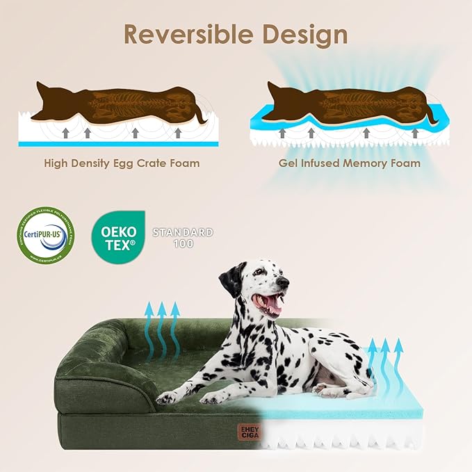 EHEYCIGA Orthopedic Dog Beds for Large Dogs, Waterproof Memory Foam Large Dog Bed with Sides, Non-Slip Bottom and Egg-Crate Foam Pet Couch Bed with Washable Removable Cover, Dark Green-PawvioPets