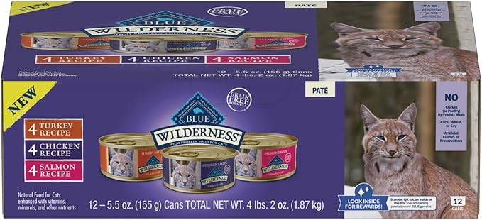 Blue Buffalo Wilderness High Protein, Natural Adult Pate Wet Cat Food Variety Pack, Chicken, Salmon, Turkey 5.5-oz can (12 count - 4 of Each Flavor)-PawvioPets