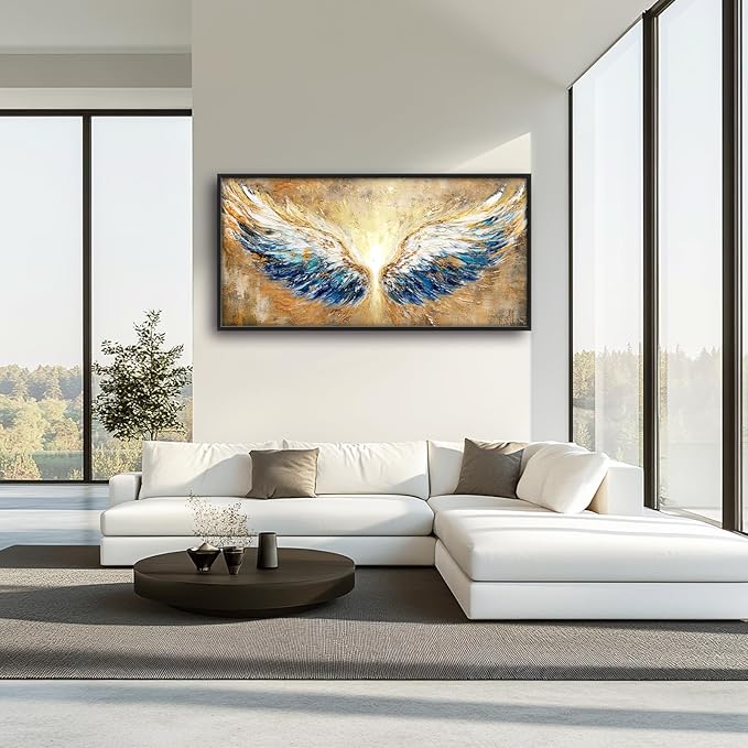 Extra Large Angel Wings Framed Wall Art for Living Room,Oversized Golden Wings Pictures Wall Decor,Holy Gold Blue Canvas Print Painting Modern Artwork Bedroom Office Bathroom 60L" x 30W"-PawvioPets