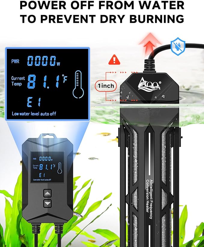 AQQA Aquarium Heater,64-95°F Fast Heating Double Quartz Glass Tube Fish Tank Heater,High-definition LCD Controller Displays Real-time Power,Anti-dry and Over-temperature Protection (1200W 210-330 Gal)-PawvioPets