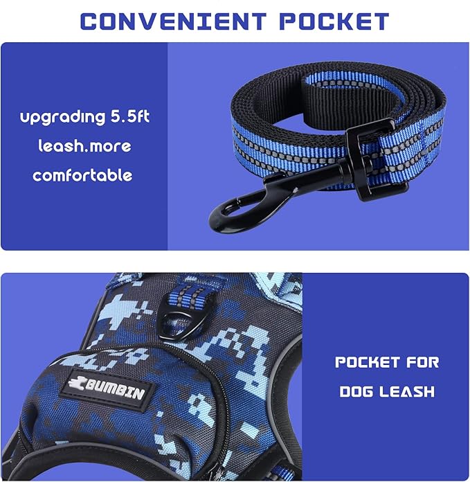 BUMBIN Dog Harness for Large Dogs, No Pull Adjustable No Choke Pet Vest with Dog Leash Fit Smart Reflective Pet Walking Harness for Training Easy Control Soft Handle Denim Blue L-PawvioPets
