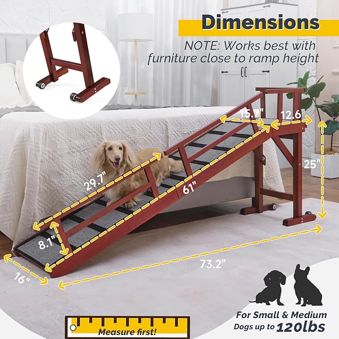 Dog Ramp for Bed or Couch, Wooden Pet Ramp with 20° Gentle Slope, Removable Side Rails, Non-Slip Surface, Top Platform & Wheels, Safe Bed Ramp for Small, Medium & Senior Dogs, 74" Long, Mahogany-PawvioPets