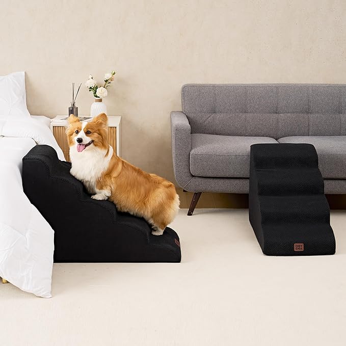 EHEYCIGA Curved Dog Stairs Ramp for High Beds 22.6" H, 5-Step Dog Steps for Small Dogs and Cats, Pet Stairs for High Bed Climbing, Non-Slip Balanced Pet Step Indoor, Black-PawvioPets