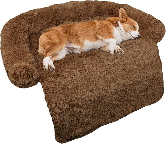 GGIB Calming Dog Bed Fluffy Plush Dog Mat for Furniture Protector with Removable Washable Cover for Large Medium Small Dogs and Cats (Medium, Brown)-PawvioPets