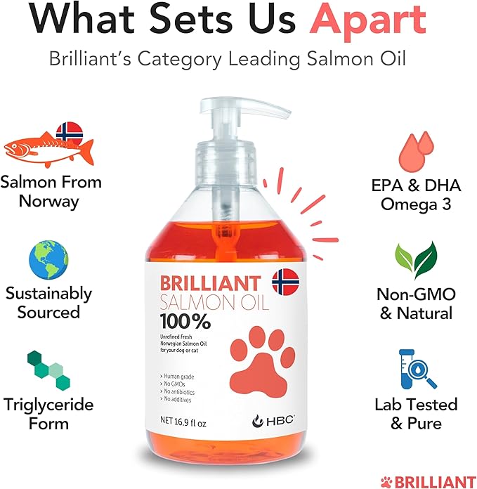 Brilliant Omega 3 Salmon Oil for Dogs & Cats - Norwegian Fish Oil Supplement with EPA & DHA Fatty Acids for Shedding, Allergy, Itching, Dry Skin & Joint Health - Skin and Coat Fish Oil Liquid, 40 Oz-PawvioPets