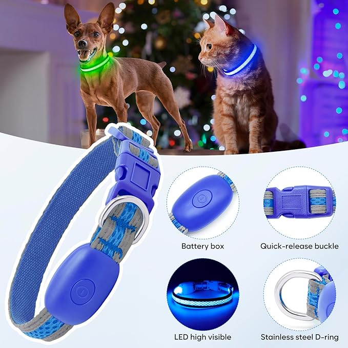Flashseen LED Cat Collar,Light Up Dog Collar Rechargeable, Dog Lights for Night Walking, Comfortable Soft Mesh Pet Collar Adjustable for Cats Puppy and Small Dogs(Blue, XS)-PawvioPets
