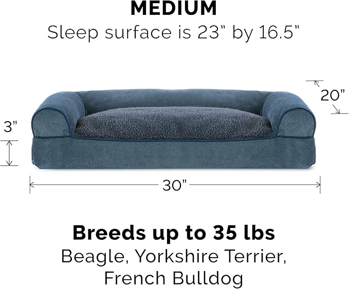 Furhaven Pillow Dog Bed for Medium/Small Dogs w/ Removable Bolsters & Washable Cover - Sherpa & Chenille Sofa - Orion Blue, Medium-PawvioPets
