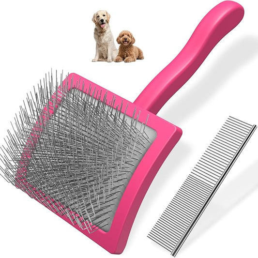 2PCS Slicker Brush for Dogs & Pet Comb,Professional Dog Grooming Brush (Goldendoodles,Poodles,Labradoodles) with Extra Long Pins to Effectively Remove Tangles, Knots and Mats (Pink)-PawvioPets