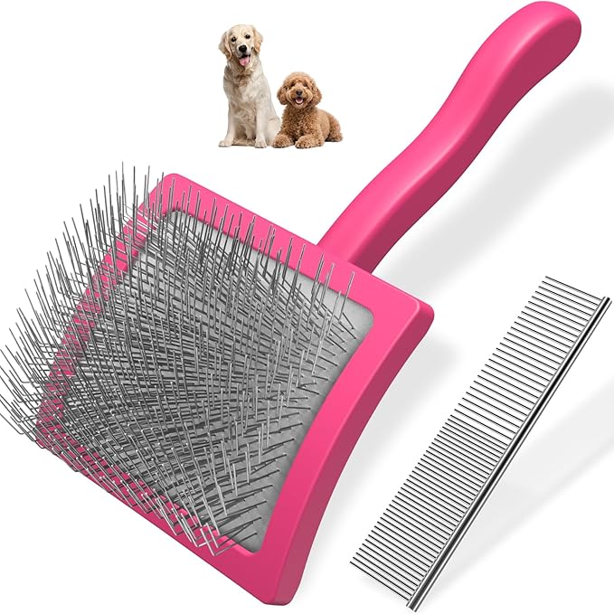 2PCS Slicker Brush for Dogs & Pet Comb,Professional Dog Grooming Brush (Goldendoodles,Poodles,Labradoodles) with Extra Long Pins to Effectively Remove Tangles, Knots and Mats (Pink)-PawvioPets