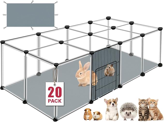 20 Panels Small Animals Playpen, 48" x 24" x 16" Transparent Pet Playpen with Waterproof Mat,Portable Plastic Enclosure Cage for Chicken/Guinea Pigs/Bunny/Ferrets/Hamsters/Hedgehogs Indoors Outdoor-PawvioPets