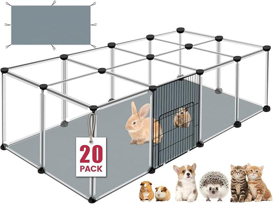 20 Panels Small Animals Playpen, 48" x 24" x 16" Transparent Pet Playpen with Waterproof Mat,Portable Plastic Enclosure Cage for Chicken/Guinea Pigs/Bunny/Ferrets/Hamsters/Hedgehogs Indoors Outdoor-PawvioPets