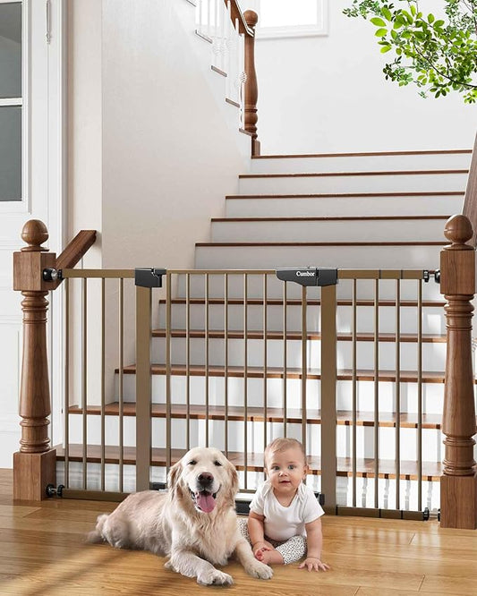 Cumbor 29.7-54.2" Wide Baby Gate for Stairs, Mom's Choice Awards Winner-Self Closing Dog Gate Indoor for Doorways, No Drilling Pressure Mounted Pet Gates for Kids, Easy Walk Through Safety Gate, Brown-PawvioPets