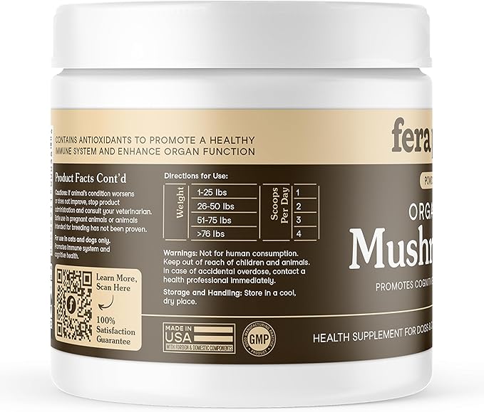 Fera Pets Mushroom Supplement for Dogs & Cats with Turkey Tail - USDA Organic - Cognitive and Immune Support - Enhances Liver Function - Supports a Healthy Gut - Powder - 120 Scoops-PawvioPets