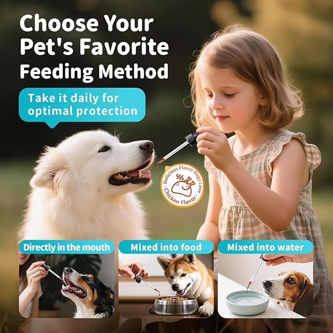 Dog Flea and Tick Support, Natural Herbal Flea & Tick Comfort for Dogs, Flea Liquid Drops Supplement for Dogs with Neem, Oregano, Pumpkin Seed Oil - Chicken Flavor, 2 FL.Oz - All Breeds & Sizes-PawvioPets