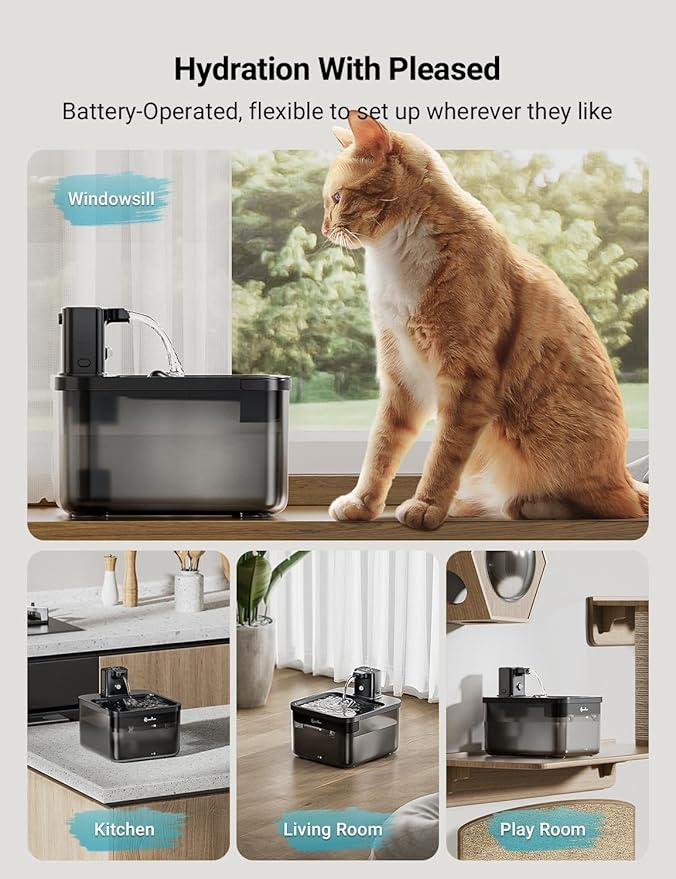 DownyPaws Cat Water Fountain Cordless, 84oz/2.5L Fursink Wireless Pet Water Fountains for Cats Indoor, Battery Operated Cat Drinking Fountain with Motion Sensor, Ultra Quiet Pump, BPA-Free, Black-PawvioPets