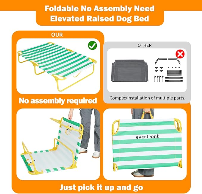 Dog Elevated Bed Foldable Portable Raised Bed Camping cot Outdoor Summer Dog Bed (Medium, GreenStripes-Oxford Fabric)-PawvioPets