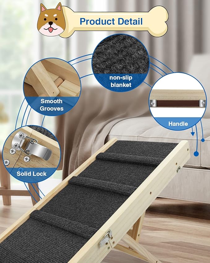 Adjustable Dog Ramp, Wooden Folding Portable Pet Ramp,Rated for 30 LBS, 32.6" Long and Adjustable from 10" to 19" with Non-Slip Traction Mat, Dog Step for Bed, Couch,Car (Grey)-PawvioPets