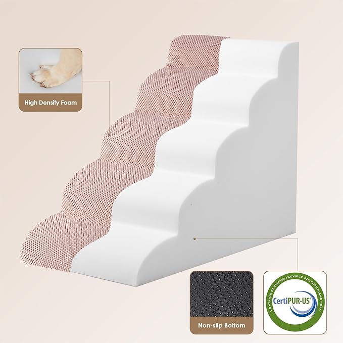 EHEYCIGA Curved Dog Stairs Ramp for High Beds 22.6" H, 5-Step Dog Steps for Small Dogs and Cats, Pet Stairs for High Bed Climbing, Non-Slip Balanced Pet Step Indoor, Dusty Pink-PawvioPets