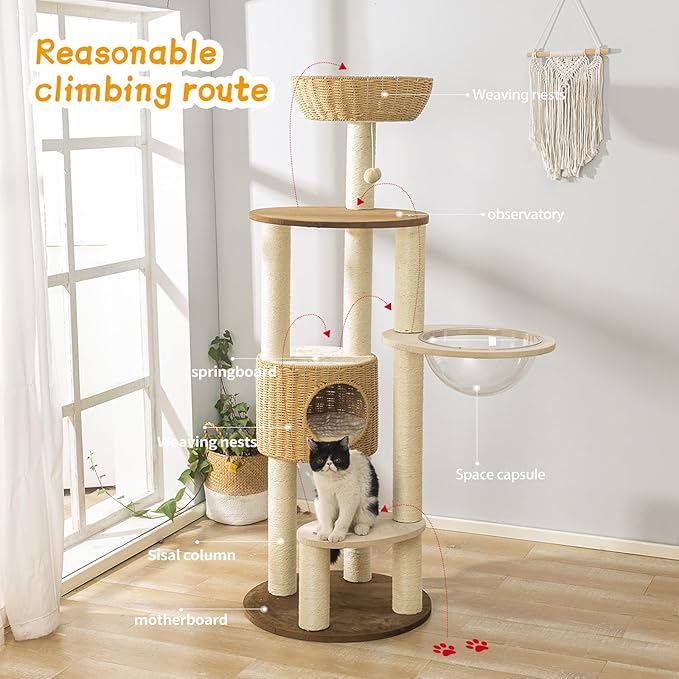 2025 Modern Cat Tree Tower for Large Cats, Advanced Space Module Cat's Nest, Hand Woven Multilevel Huge Paws Pals Tree, 7cm Natural Sisal Prop Wood, Scratching Cat Lover Gifts-PawvioPets