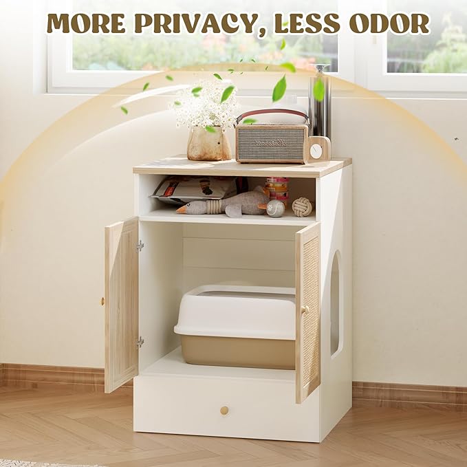 Cat Litter Box Enclosure Furniture Hidden - Indoor 3-in-1 Wooden Cat House & Washroom Cabinet with Scratching Board Doors, Shelf and Feeder Bowls, 23.6”x17.7”x32.7”H-PawvioPets