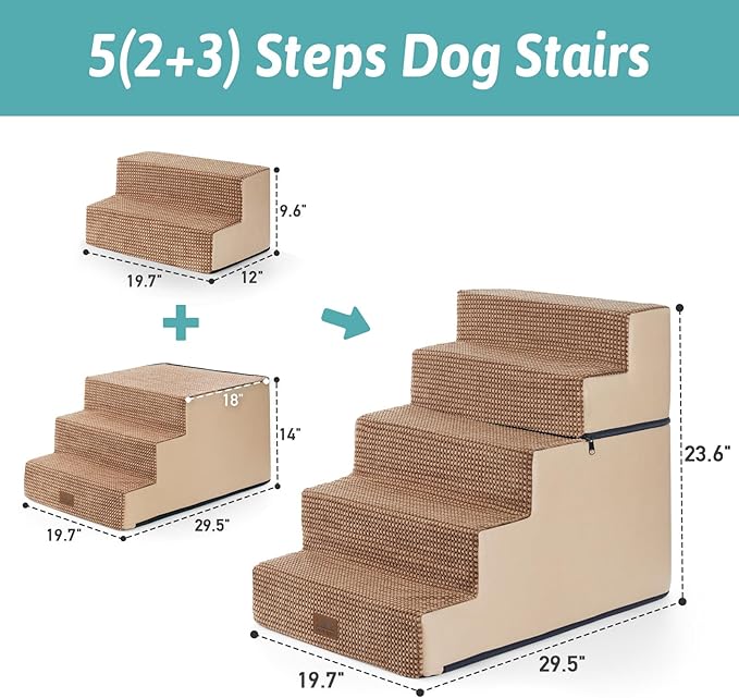 Dog Stairs for Small Dogs, 5 Tier Removable Wider Pet Stairs for Couch and Bed, 23.6" H Non-Slip Dog Steps for Puppies and Old Cats with Support Board, 29.5x19.7x23.6 inch, Light Brown-PawvioPets