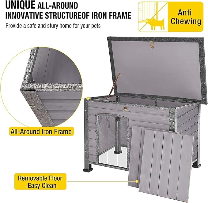 Aivituvin Dog House Outdoor Indoor Weatherproof Dog House for Small & Medium & Large Dogs with Unique All-Around Iron Frame＆Raised Feet（Grey）-PawvioPets