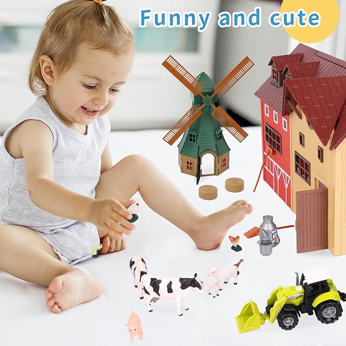 Farm Animals Figurines Toys -140 pcs Toy Set Barn Toy Horse Stable Tractor Trailer Windmill Farmer Fence Playset for Kids Toddlers Boy Girl 3-7 Years Old-PawvioPets