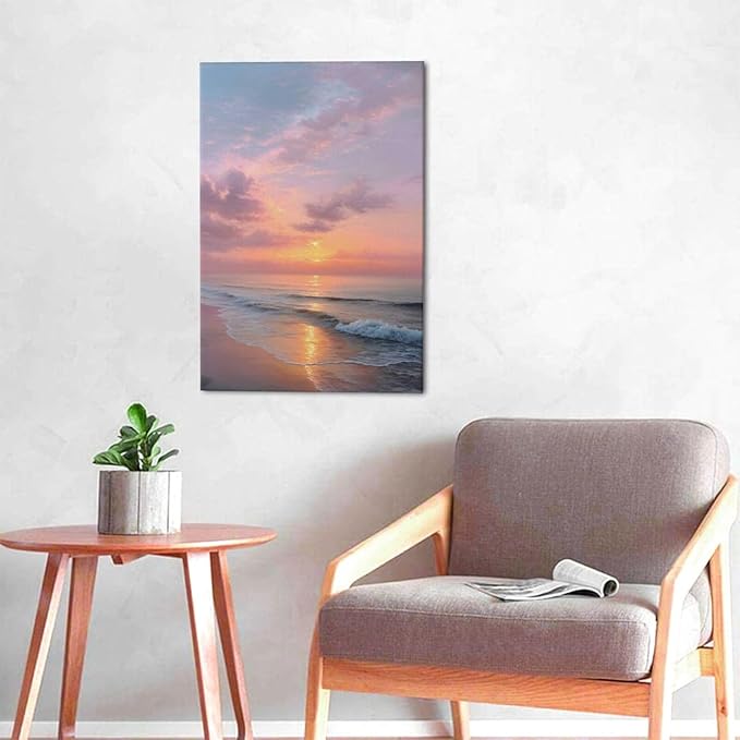 Beach Sunset Wall Art Ocean Coastal Scenery Wall Decor Seascape Picture Canvas Landscape Painting Print Framed Artwork Decorations for Living Room Office Bedroom Kitchen 16"x24"-PawvioPets