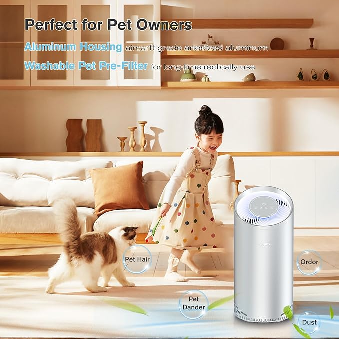 Aluminum Housing Air Purifiers for Home Bedroom Cover 1375ft². Washable Pre-Filter HEPA Air Purifier for Pets Hair Dander Odors, Filter 99.99% Smoke Dust Dander Pollen, Night Light Sleep Mode-PawvioPets