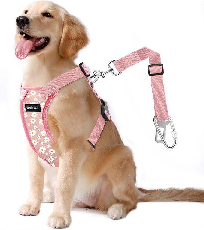Dog Seat Belt, Safety Vest Dog Car Harness with Adjustable Buckle Dog Seat Belt for Vehicle Nylon Pet Safety Seat Belts Heavy Duty(L, Pink Daisy)-PawvioPets