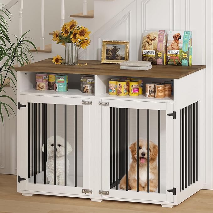 Furniture Dog Crate for 2 Dogs, 41 Inch Dog Kennel Furniture with Removable Divider and Shelf Storage, Wooden Dog Crate for Small/Medium Dogs, White-PawvioPets