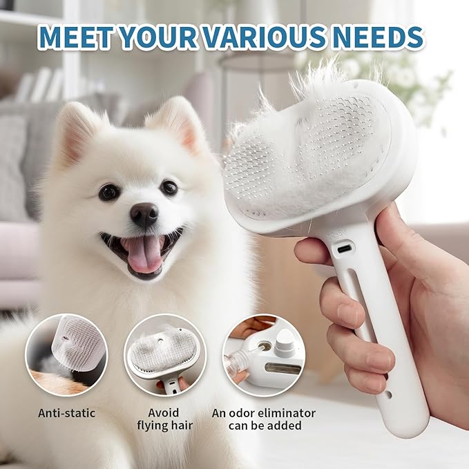 3 In 1 Self Cleaning Steamy Pet Brush - Anti-Static, Grooming Tool for Long and Short Hair Pets, Removes Loose Hair and Reduces Shedding, White-PawvioPets