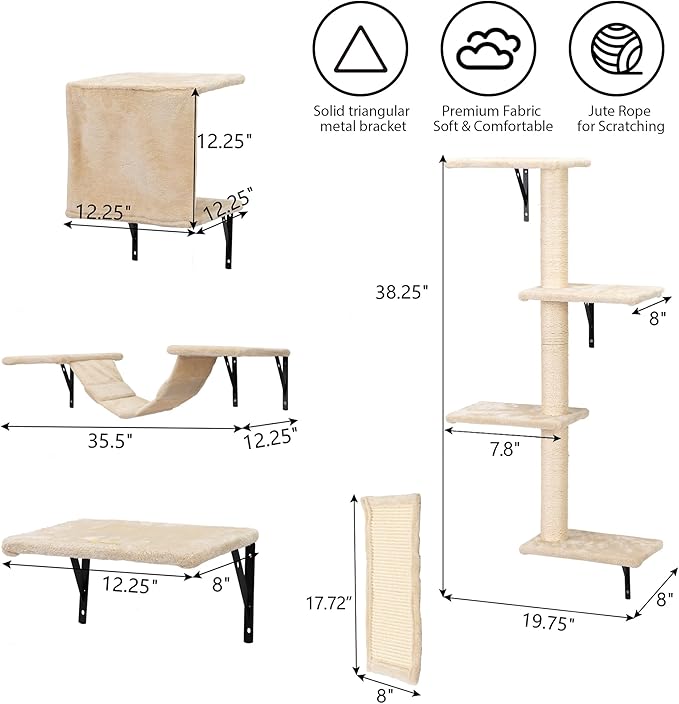 COZIWOW Wall Mounted Cat Furniture, Cat Wall Shelves and Perches, Floating Cat Shelves for Wall Set of 5(Beige)-PawvioPets