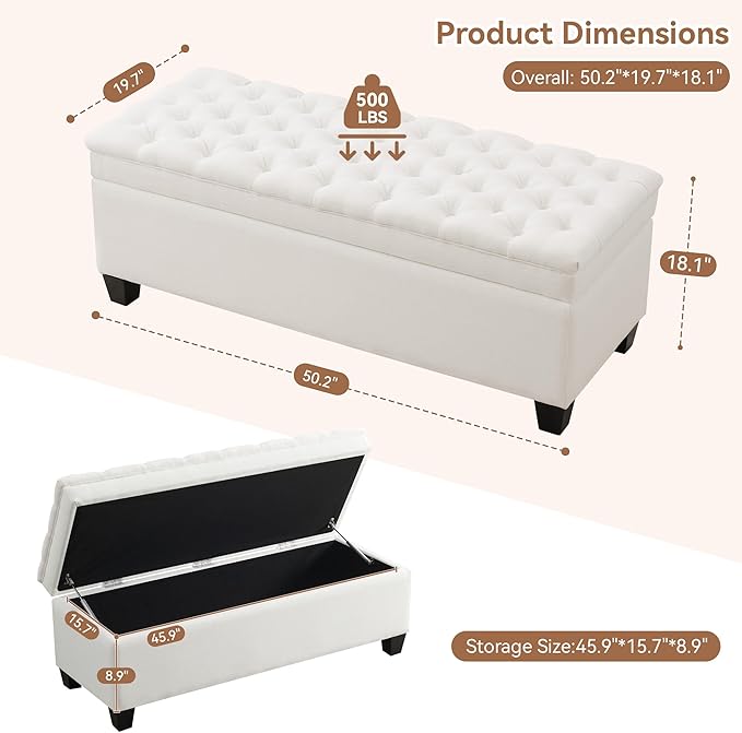 51" Fabric Storage Ottoman Bench, Upholstered Rectangle End of Bed Storage Ottoman Tufted Living Room Bedroom Bench with Safety Hinge, Solid Wood Legs, Loads 500 lb(Beige)-PawvioPets