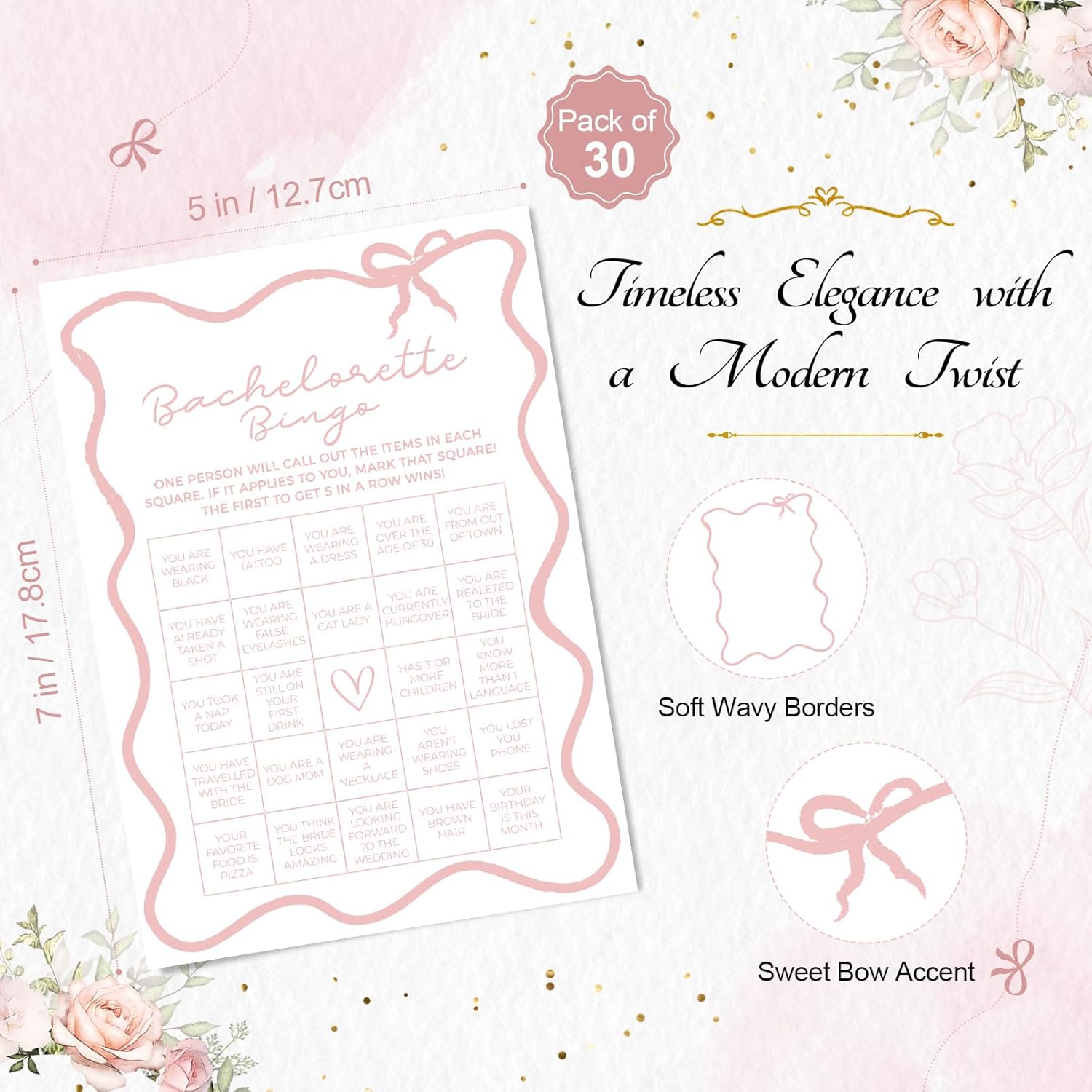 DEEKA 30 PCS Bridal Shower Games Card for 30 Guests White Pink Wavy Border Ribbon Bow Funny Wedding Bachelorette Party Games for Reception (Bachelorette Bingo)